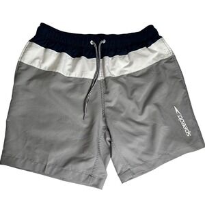 Speedo Swim Trunks Men Medium Grey Navy White Colorblock Mesh Liner 7 Inch